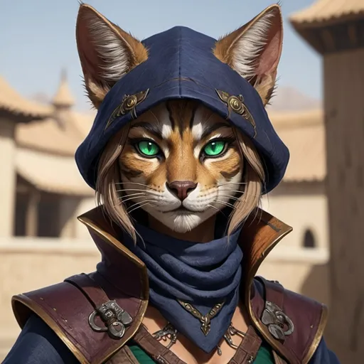 Prompt: A female tabaxi rogue with dark indigo fur and emerald eyes