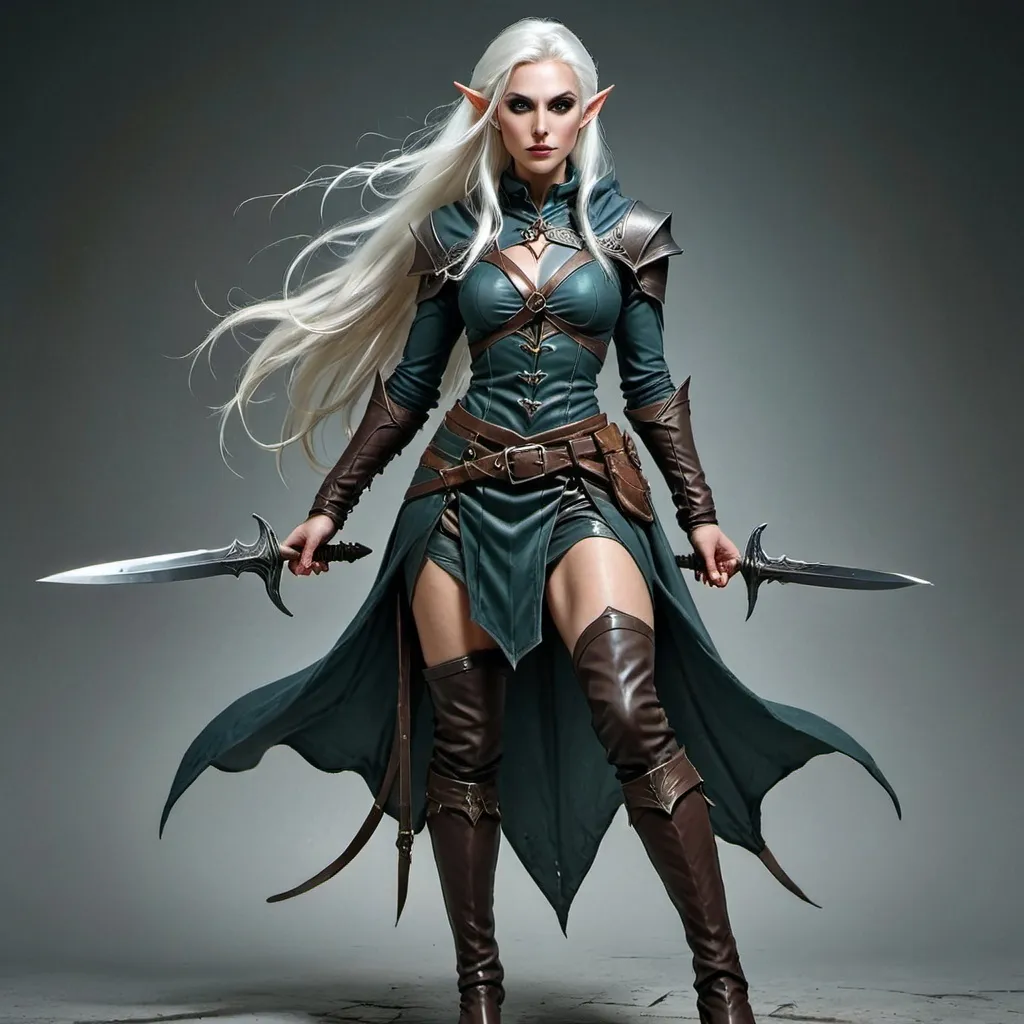 Prompt: High elf female rogue with long white hair that goes to her rear. Very attractive tall woman with long legs. Standing with an imposing stance and with an imposing and determined look on her face. She uses two sharp daggers to fight and wears high heel long boots that have blades attached to them. Make most of her outfit black and skintight and add some belts on parts of her skin that are not covered. Generate a full body image.