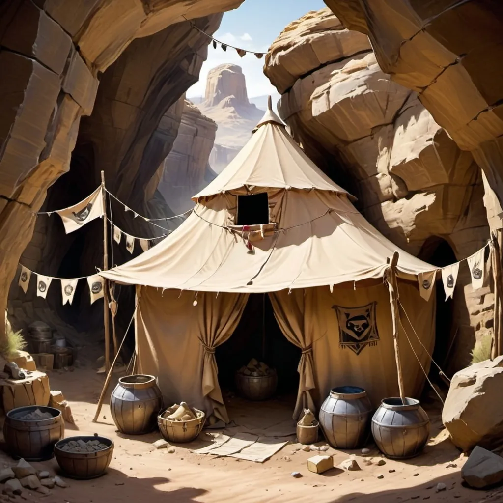 Prompt: create a picture of a bandit's den where the bandits will keep their treasure. The den is like a big canyon system and has his own little society. Use banners and flags as decorations.