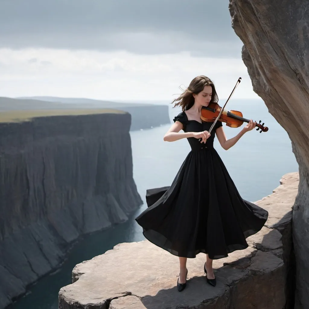 Prompt: animated woman in black dress playing violin at the edge of a cliff