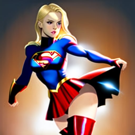 Prompt: blonde hair woman in supergirl costume, wearing very short skirts, and thigh high boots. 