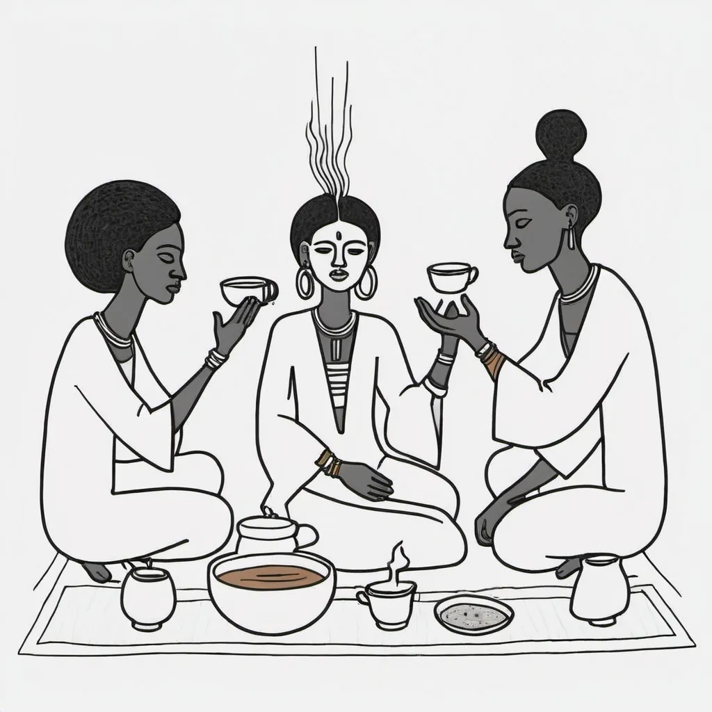 Prompt:  illustration line art inspired by ethiopian coffee ceremony. 