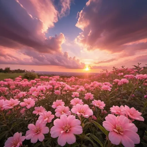 Prompt: Pink flowers in sunset background with beautiful clouds