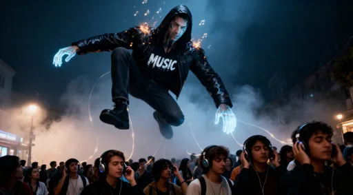 Prompt: Subject looking like a giant tall person. He is levitating in the air in a T-pose, looks confident  he is as tall as 100 foot tall. His hand and face looks holographic but atill looks exactly like the subject.Wearing long black jean pants. In the middle of his chest on his clothing is printed with white grungy letters the word “MUSIC” ” Black shoes. He is standing in the middle of a busy crowded street with a black leather hooded jacket, hood on his head..his hood and shoulders emitting smal particles of firefly dust made up of musical notes. He is leaning over to see the crowd below. They all have headphones on their heads and listening to music..some has eyes closed, some has their hand up on their headphones. Dynamic cinematic pose, cinematic lighting gloomy dark mysterious dark atmosphere. Lit fog on the background. 3/4 view toward canera camera tilted up. His face looks like he enjoys himself for the attention he is getting..he is looking up to the sky, hands spread apart in a t-pose 45 degree. it seems like somehow the crowds headphones are attached to subject by an unknown thin glow line force.