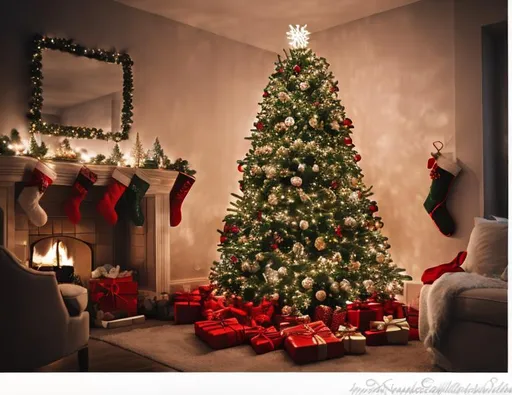 Prompt: A beautiful Christmas tree in a living room decorated for Christmas, presents underneath the tree