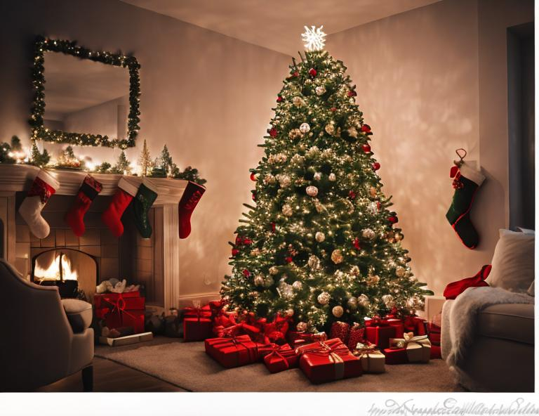 Prompt: A beautiful Christmas tree in a living room decorated for Christmas, presents underneath the tree