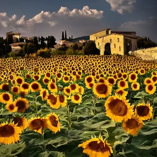 Prompt: Sunflowers and poppies.  Les Alpilles des Provence.   Magic light.  Photograph. HDR. Sharp focus.  Intricate details.