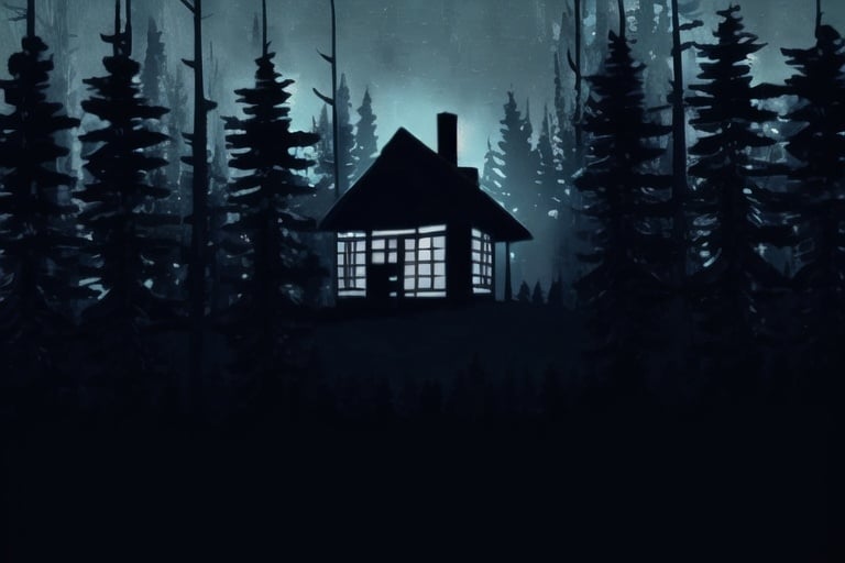 Prompt: creepy cabin in a pine forest at night with an occult mood