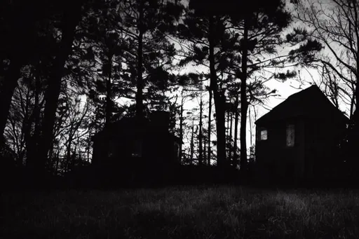 Prompt: creepy pine house at night with an occult mood and a dark creepy silhouette hiding in the shadows