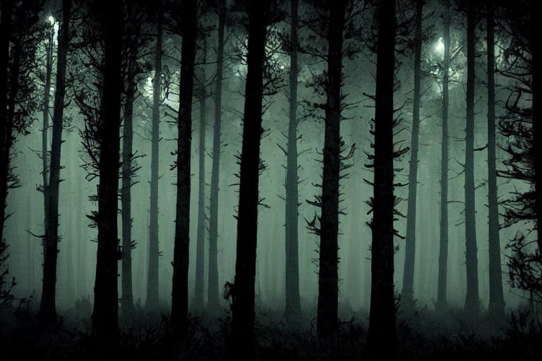 Prompt: creepy pine forest at night with an occult mood