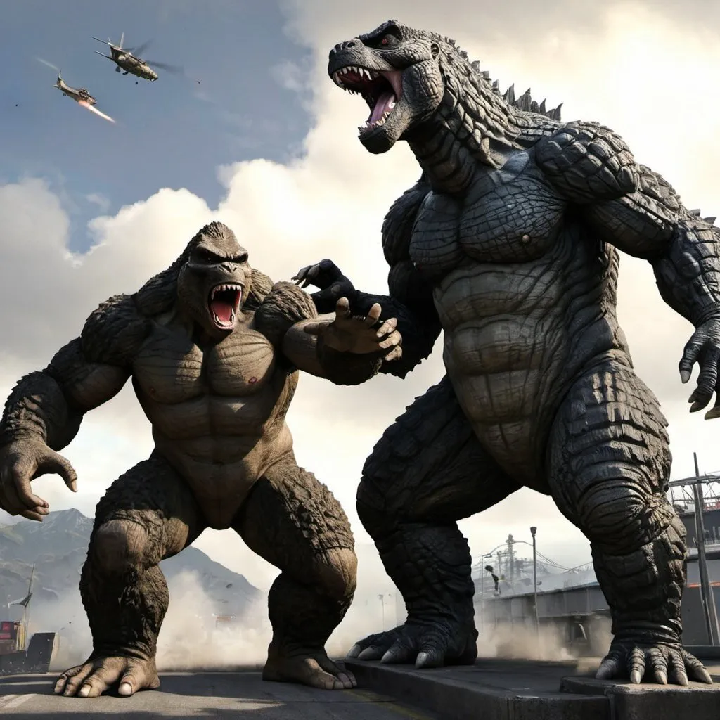 Prompt: Kong x Godzilla arrives in Call of Duty Modern Warfair three and the two join the battle 