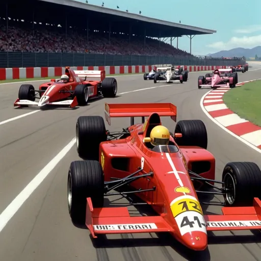 Prompt: 1990s anime screencap,red Ferrari formula one race car, lining up on a track, there are other distinctly different coloured formula one race cars, anime scene