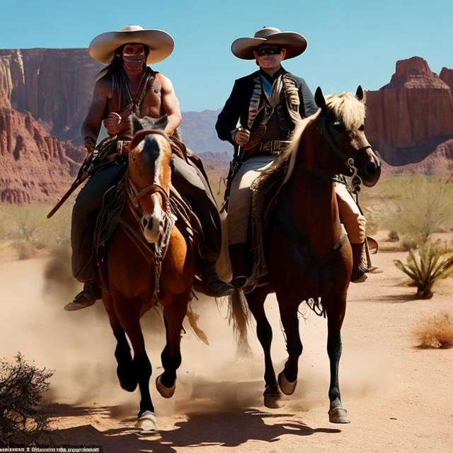 Prompt: The Lone Ranger and Tonto riding through a desert 