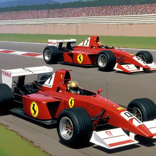 Prompt: 1990s anime screencap,red Ferrari formula one race car, lining up on a track, there are other distinctly different coloured formula one race cars, anime scene