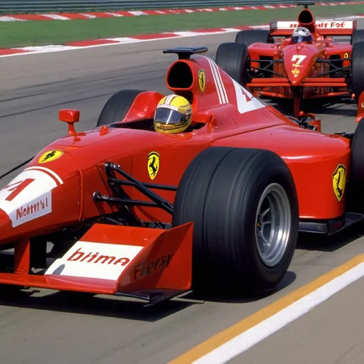 Prompt: 1990s anime screencap,red Ferrari formula one race car, lining up on a track, there are other distinctly different coloured formula one race cars, anime scene