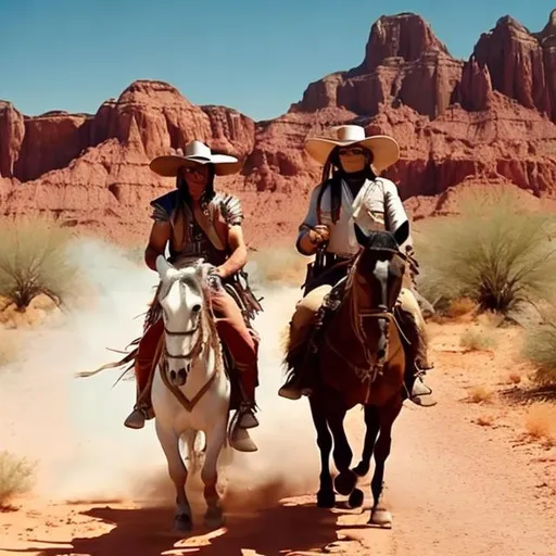 Prompt: The Lone Ranger and Tonto riding through a desert 