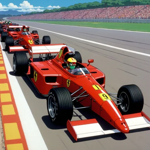 Prompt: 1990s anime screencap,red Ferrari formula one race car, lining up on a track, there are other distinctly different coloured formula one race cars, anime scene