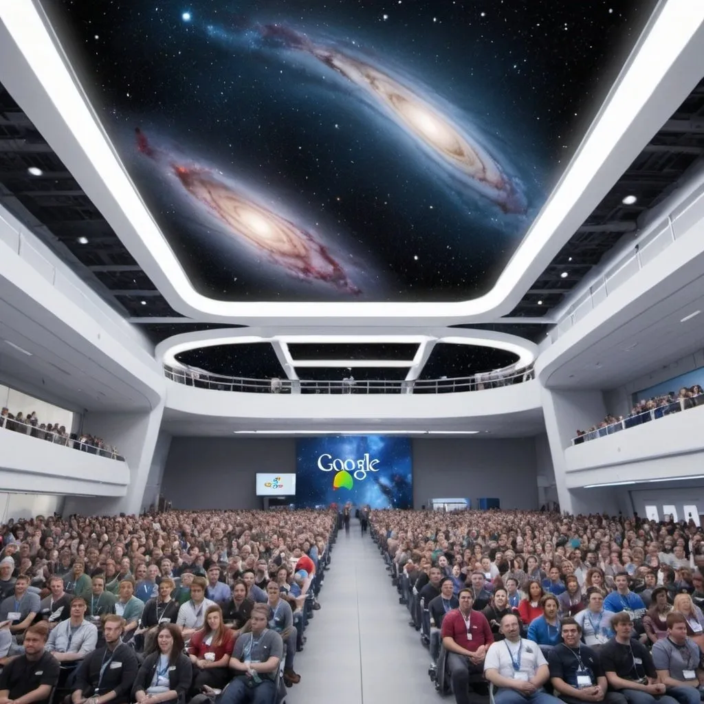 Prompt: Imagine a remarkable Google Developers
Group Live Conference for Google I/
O Extended, but this time, it's happening
in a high-tech space station! Through
panoramic windows, viewers can marvel at
the awe-inspiring view of distant galaxies and
nebulae.
The conference is bustling with a diverse
group of attendees, with an equal number of
men and women. Everyone is outfitted in a
unique combination