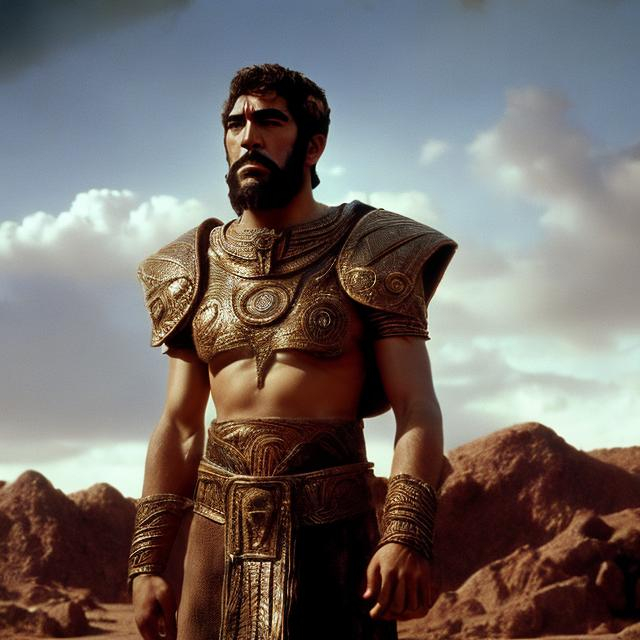 Prompt: Dramatic movie still of a young Anthony Quinn as Gilgamesh sumerian king, looking powerful,  sumerian style beard and hair with ringlets, full body stance,  standing emoty sky as a backdrop, epic movie,  eastmancolor technicolor, high quality, colour, color, musclar