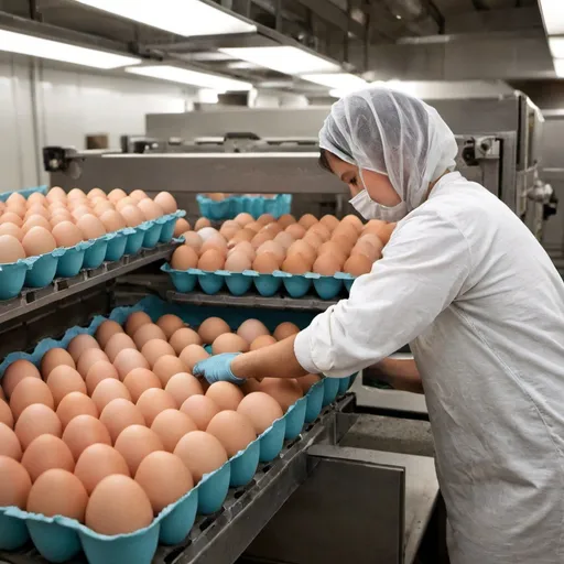 Prompt: An employee working in packaging eggs.