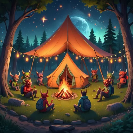 Prompt: smiling demons sat in tents that are in a circle on a campsite 
