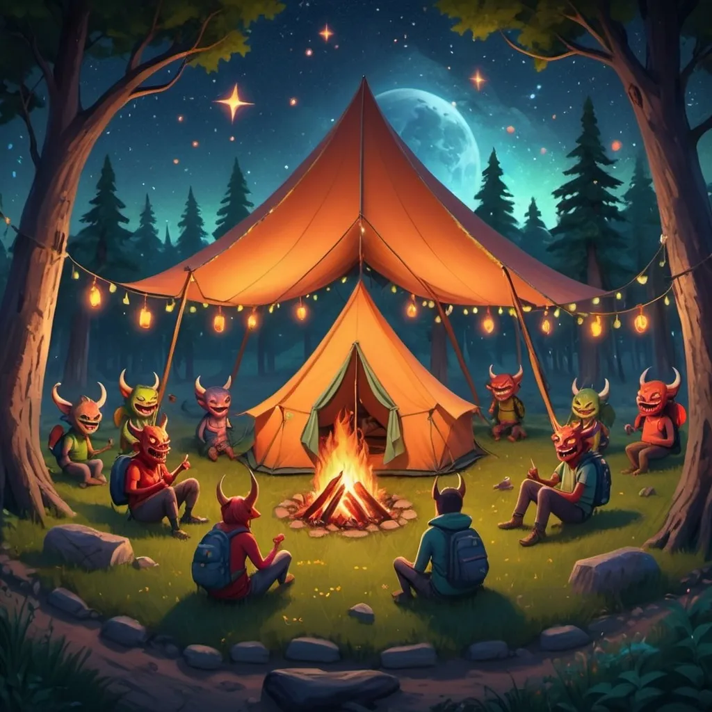 Prompt: smiling demons sat in tents that are in a circle on a campsite 
