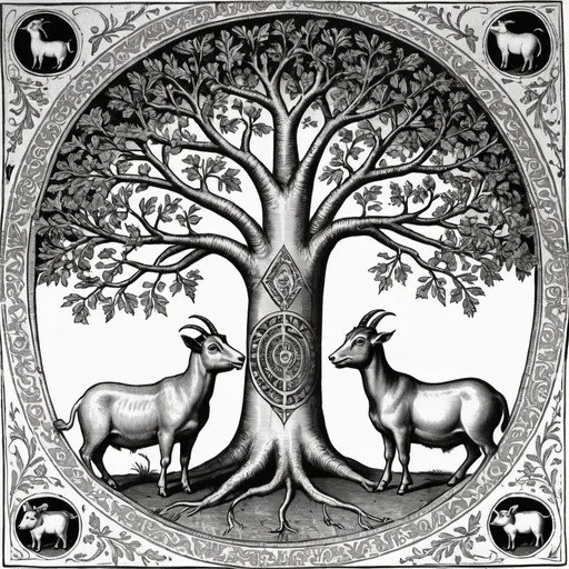 Prompt: Saxon illustration of 1 goat and 1 pig either side of the tree of life black and white