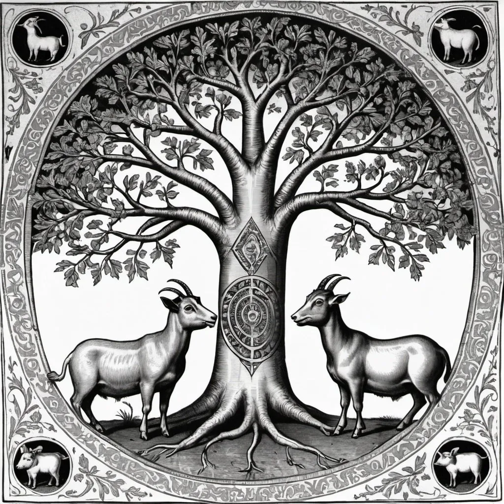 Prompt: Saxon illustration of 1 goat and 1 pig either side of the tree of life black and white