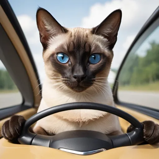 Prompt: Create a Siamese cat driving a car