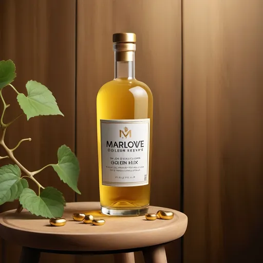 Prompt: Photorealistic white vine on stool, wooden background, gold label with marlowe golden elixir reserve text