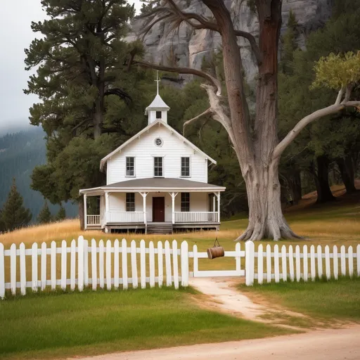 Prompt: A 1880s old west schoolhouse on a small hill with a white fence and a couple of trees around it with a wooden swing hanging from a tree. A forest surround the back of the schoolhouse with a small cliff