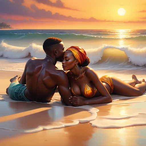 Prompt: (realism style), (african couple lying by the sea), vivid colors, tranquil ocean waves, golden sunset reflecting on water, soft sand beneath, gentle breeze blowing, serene ambiance, passionate connection displayed through body language, high detail, 4K resolution, ultra-realistic textures, romantic mood, picturesque coastal background.