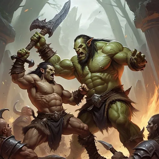 Prompt: Male barbarian orc fighting a male wizard elf, WoW artwork, high fantasy