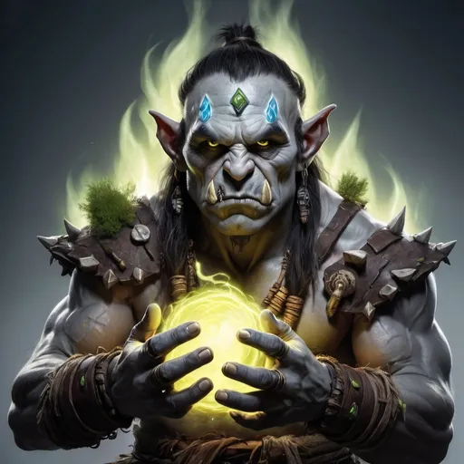Prompt: a gray skin orc shaman with green natural energy emanating from his hands. Dungeons and Dragons style