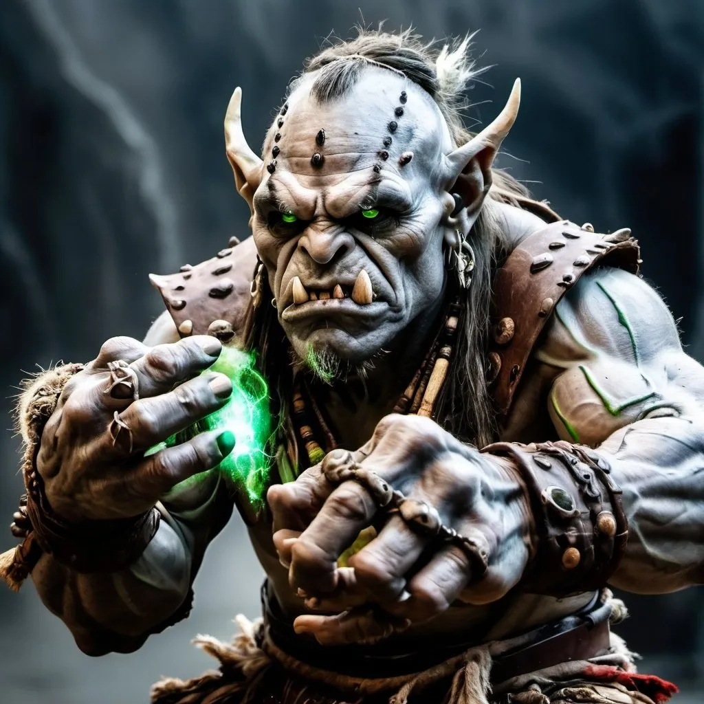 Prompt: a gray color skin shaman orc with green natural energy bursting from its hands 