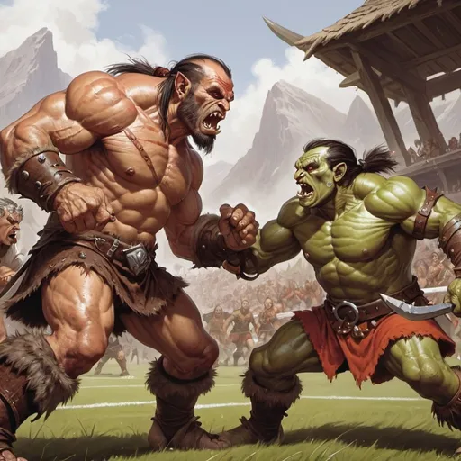Prompt: Male barbarian orc fighting a male soccer elf, d&d, 