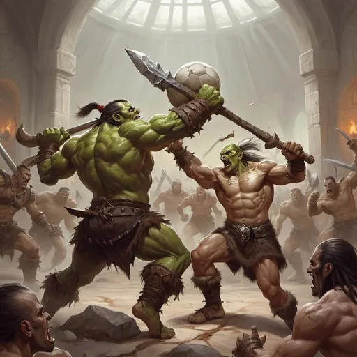 Prompt: Male barbarian orc fighting a male soccer elf, WoW artwork, high fantasy