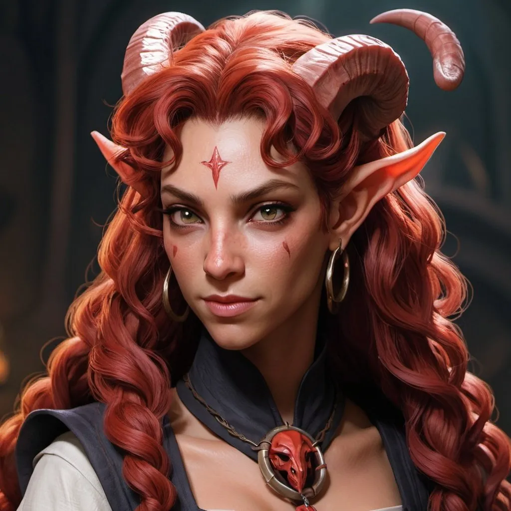Prompt: Portrait of a female tiefling, with light red skin, long curly hair and two very short coiled horns