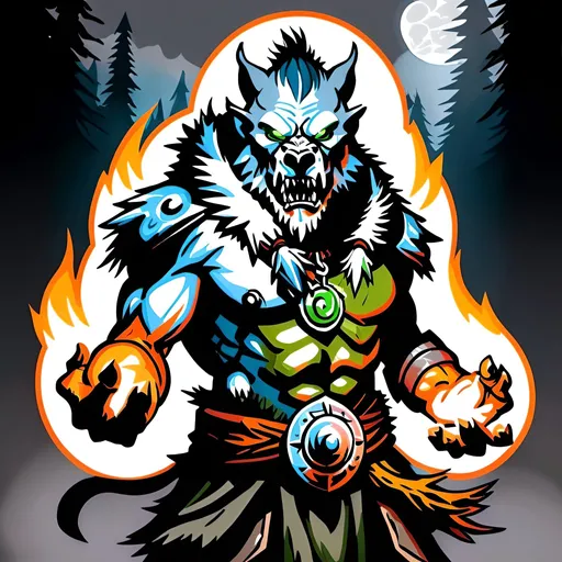 Prompt: Dungeons and Dragons style, a gray color skin shaman orc with green natural energy bursting from its hands wearing a wolf hood