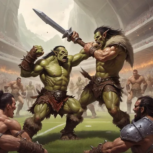 Prompt: Male barbarian orc fighting a male soccer elf, WoW artwork, high fantasy