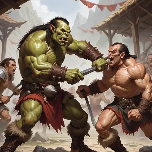 Prompt: Male barbarian orc fighting a male soccer elf, d&d, 