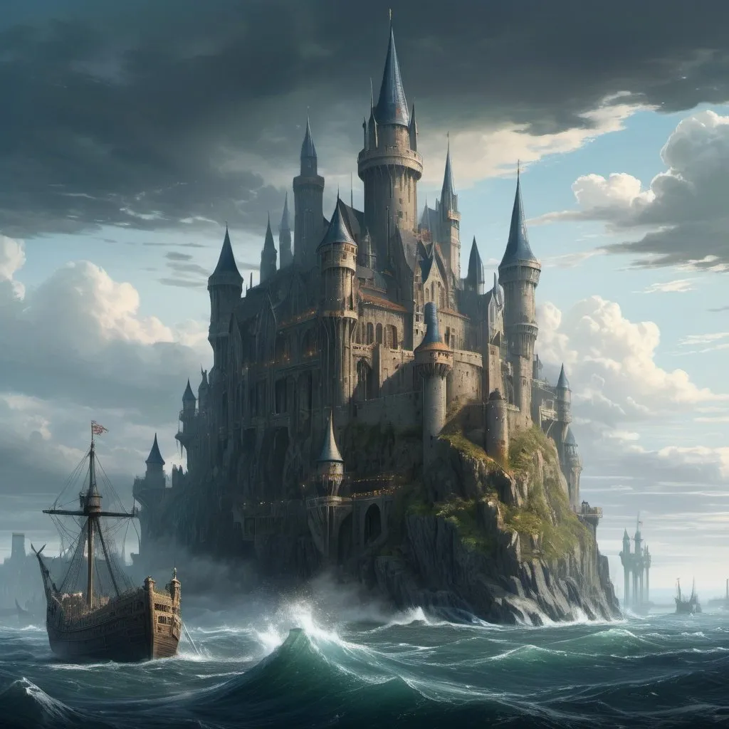 Prompt: In the vast ocean of a medieval fantasy world, a majestic city stands alone in the sea built on a platform that crosses the seas to the rhythm of the waves. This colossal fortress is the product of a combination of engineering and magic without equal, from which imposing chimneys protrude that emanate a faint bluish glow.