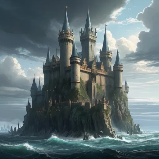 Prompt: In the vast ocean of a medieval fantasy world, a majestic city stands alone in the sea built on a platform that crosses the seas to the rhythm of the waves. This colossal fortress is the product of a combination of engineering and magic without equal, from which imposing chimneys protrude that emanate a faint bluish glow.
