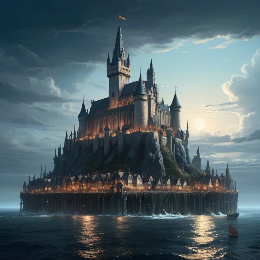 Prompt: In the vast ocean of a medieval fantasy world, a majestic city stands alone in the sea, built on a moving platform that crosses the seas to the rhythm of the waves with the help of powerful magic without equal, from which imposing chimneys protrude that emanate a faint bluish glow.