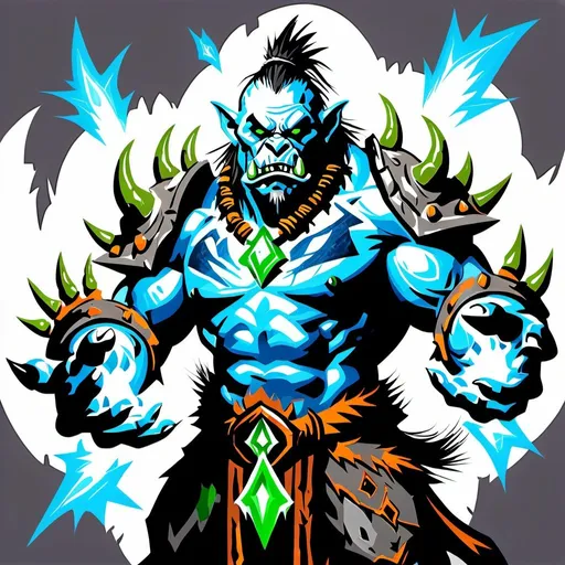 Prompt: World of Warcraft style, a gray color skin shaman orc with green natural energy bursting from its hands