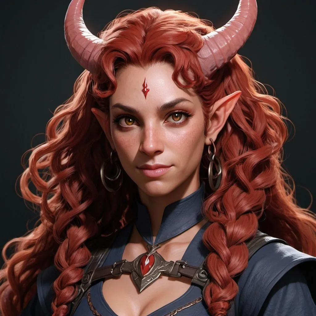 Prompt: Portrait of a female tiefling, with light red skin, long curly hair and two very short coiled horns