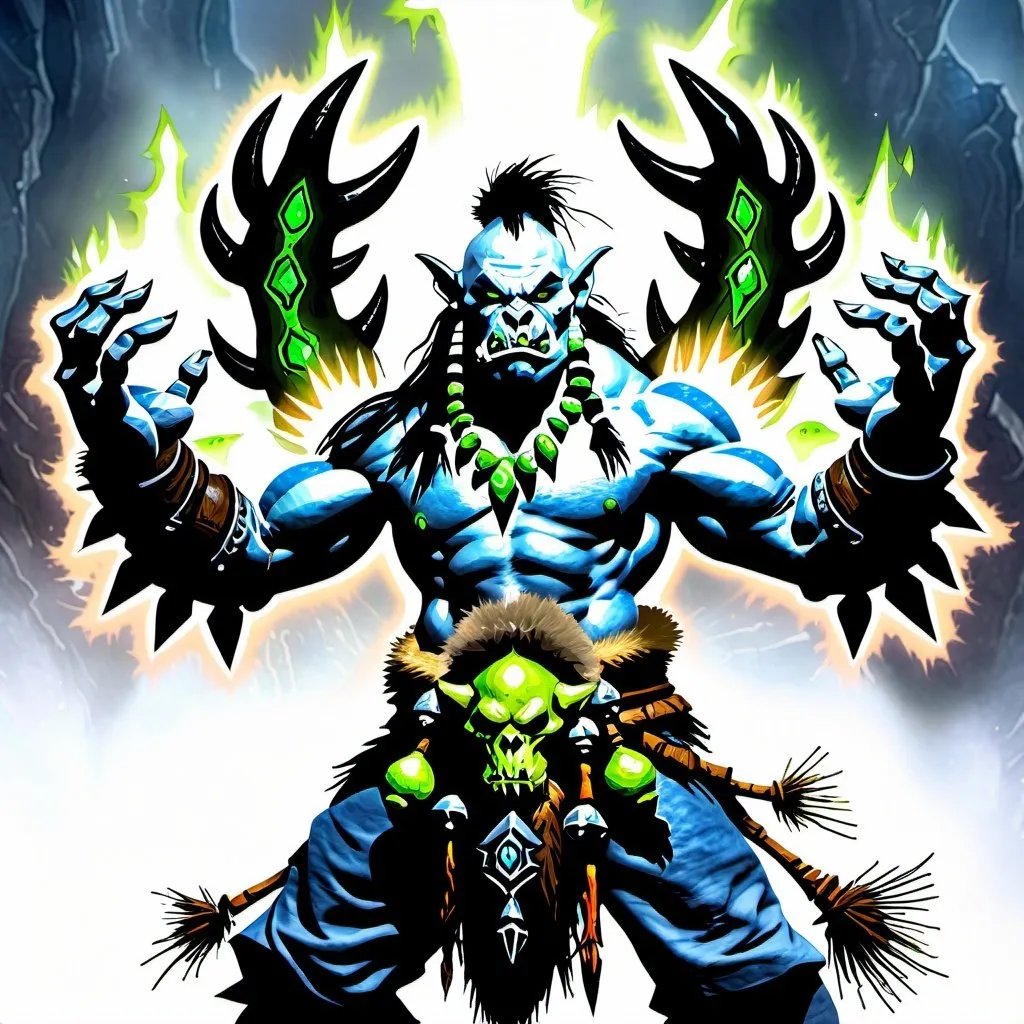 Prompt: World of Warcraft style, a gray color skin shaman orc with green natural energy bursting from its hands