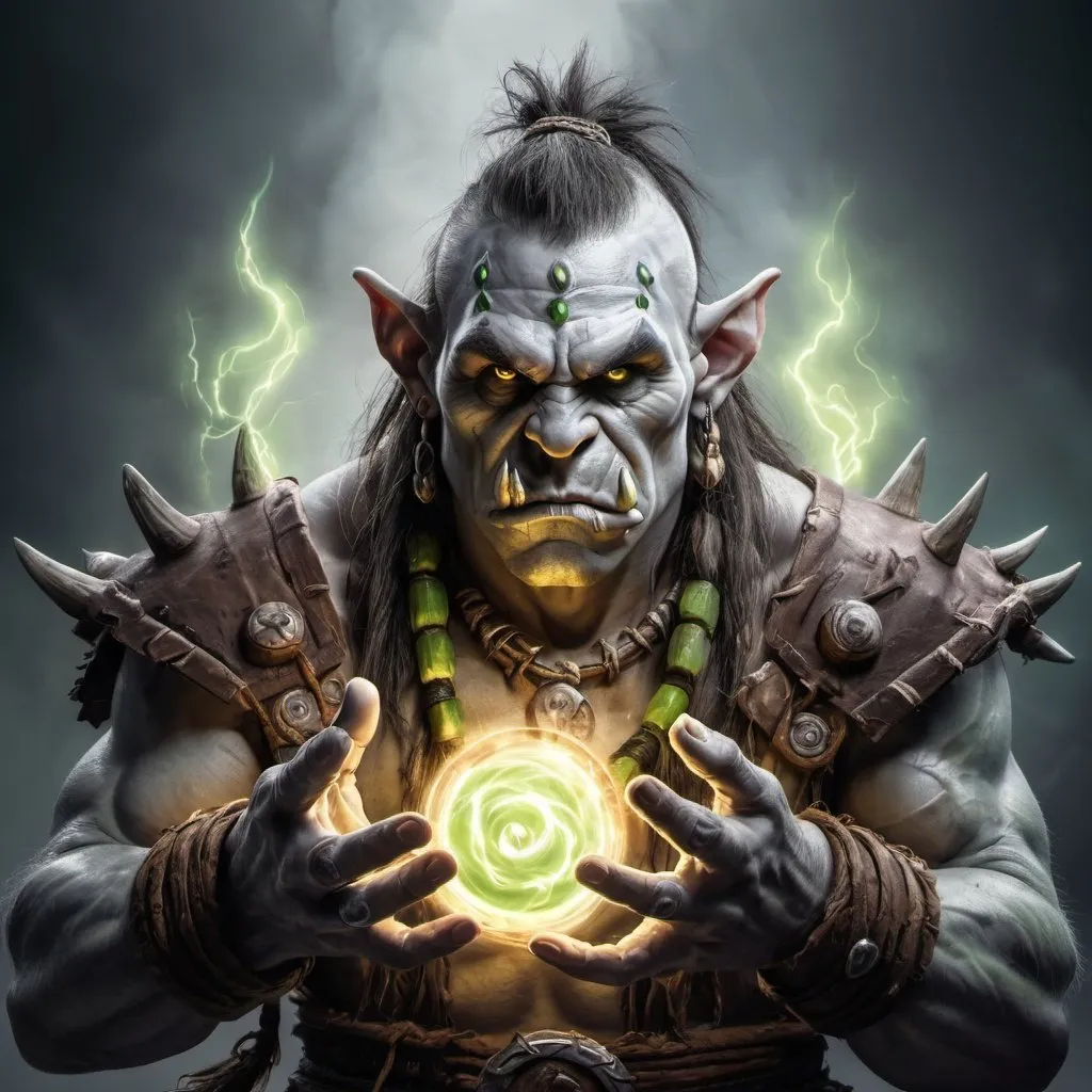 Prompt: a gray skin orc shaman with green natural energy emanating from his hands. Dungeons and Dragons style