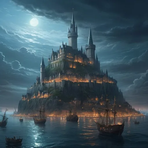 Prompt: In the vast ocean of a medieval fantasy world, a majestic city stands alone in the sea, built on a moving platform that crosses the seas to the rhythm of the waves with the help of powerful magic without equal, from which imposing chimneys protrude that emanate a faint bluish glow.