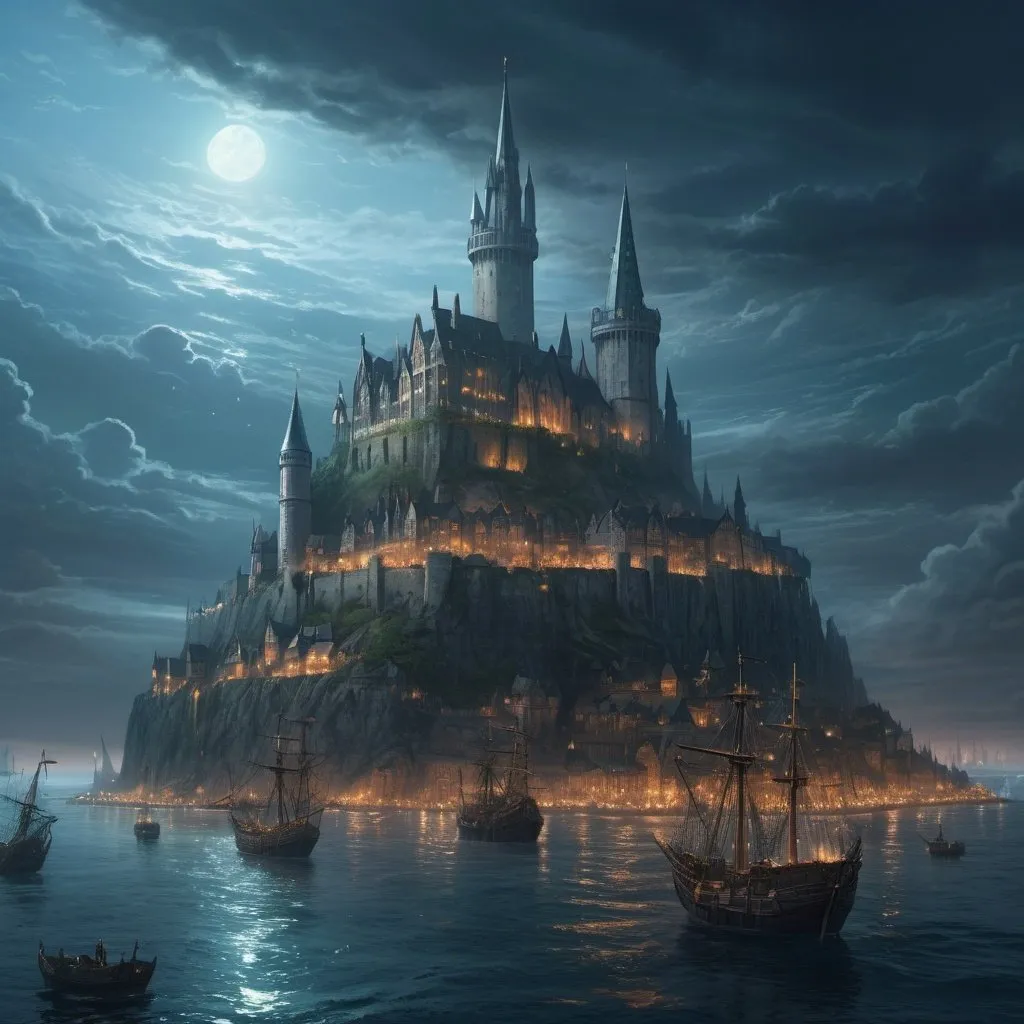 Prompt: In the vast ocean of a medieval fantasy world, a majestic city stands alone in the sea, built on a moving platform that crosses the seas to the rhythm of the waves with the help of powerful magic without equal, from which imposing chimneys protrude that emanate a faint bluish glow.